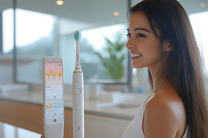 Woman using smart toothbrush while e, a Photo by Tanuart
