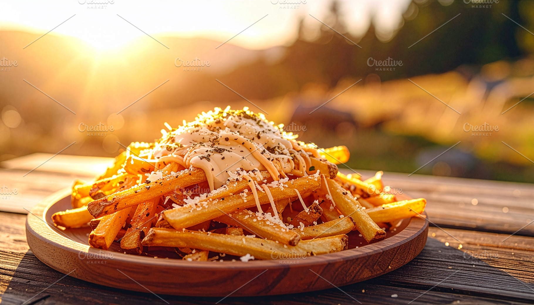 Loaded fries with creamy truffle mayo on a rustic wooden table in warm sunset l, a Food & Drink Photo by DutchDigitalDesign