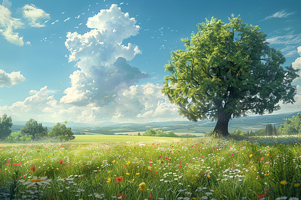 Lush green field under blue skies wi, a Photo by LOGOCREATIVE