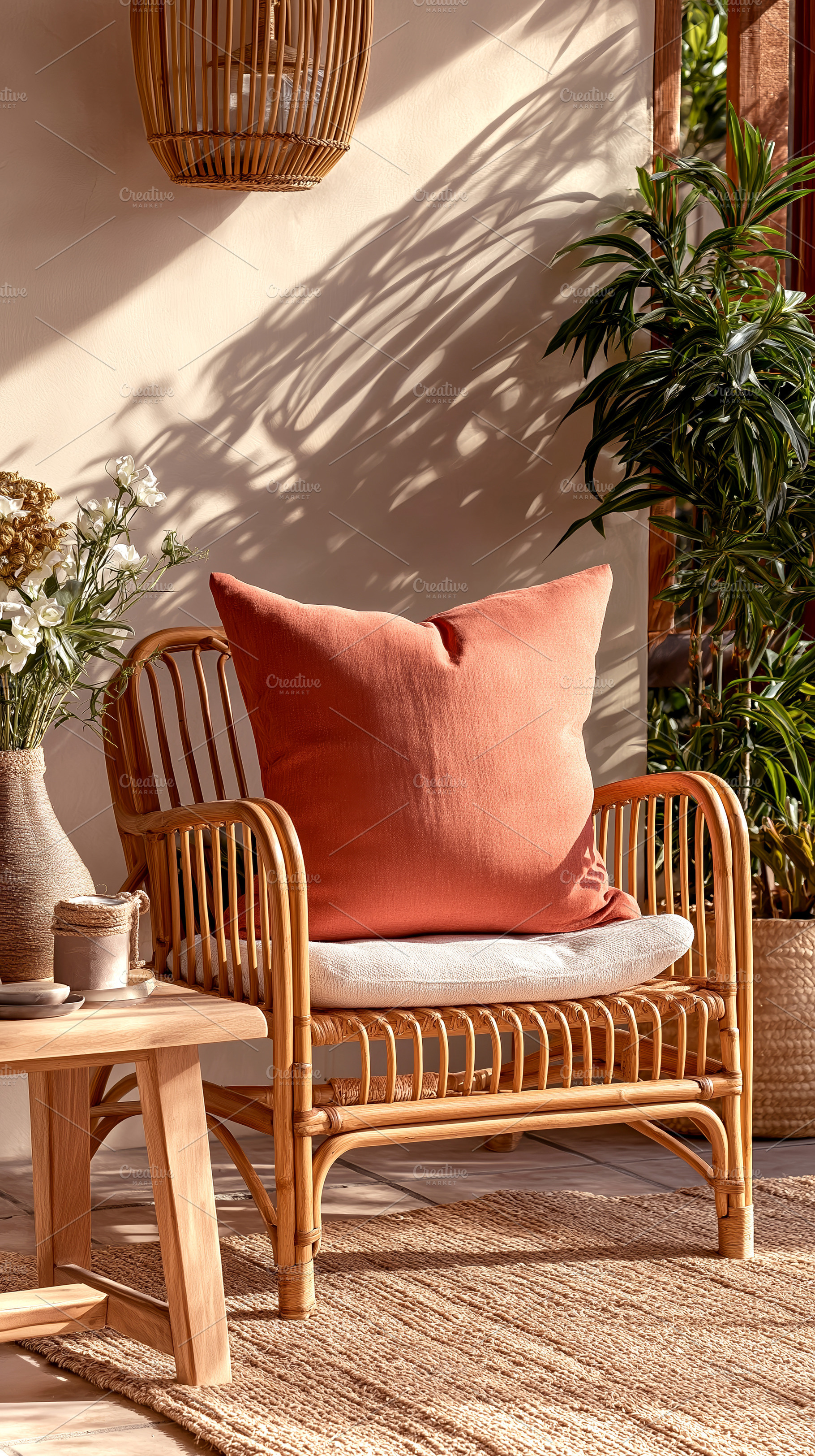 Rattan Chair with Terracotta Pillow, an Architecture Photo by Ocean Digital Art