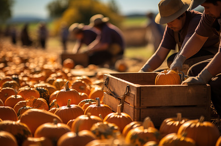 Farm workers harvesting pumpkins in a field during autumn. The scene captures t, a Food & Drink Photo by Textures & Backgrounds