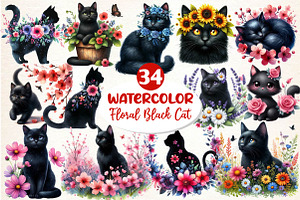 Watercolor Floral Black Cat Clipart, an Illustration by Dream Creation