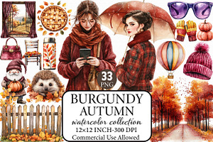 Watercolor Burgundy Autumn Clipart, an Illustration by Libby Wishes