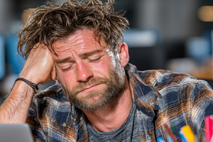 Exhausted man sweating and resting while stressed in the office environment, a Photo by AS photostudio