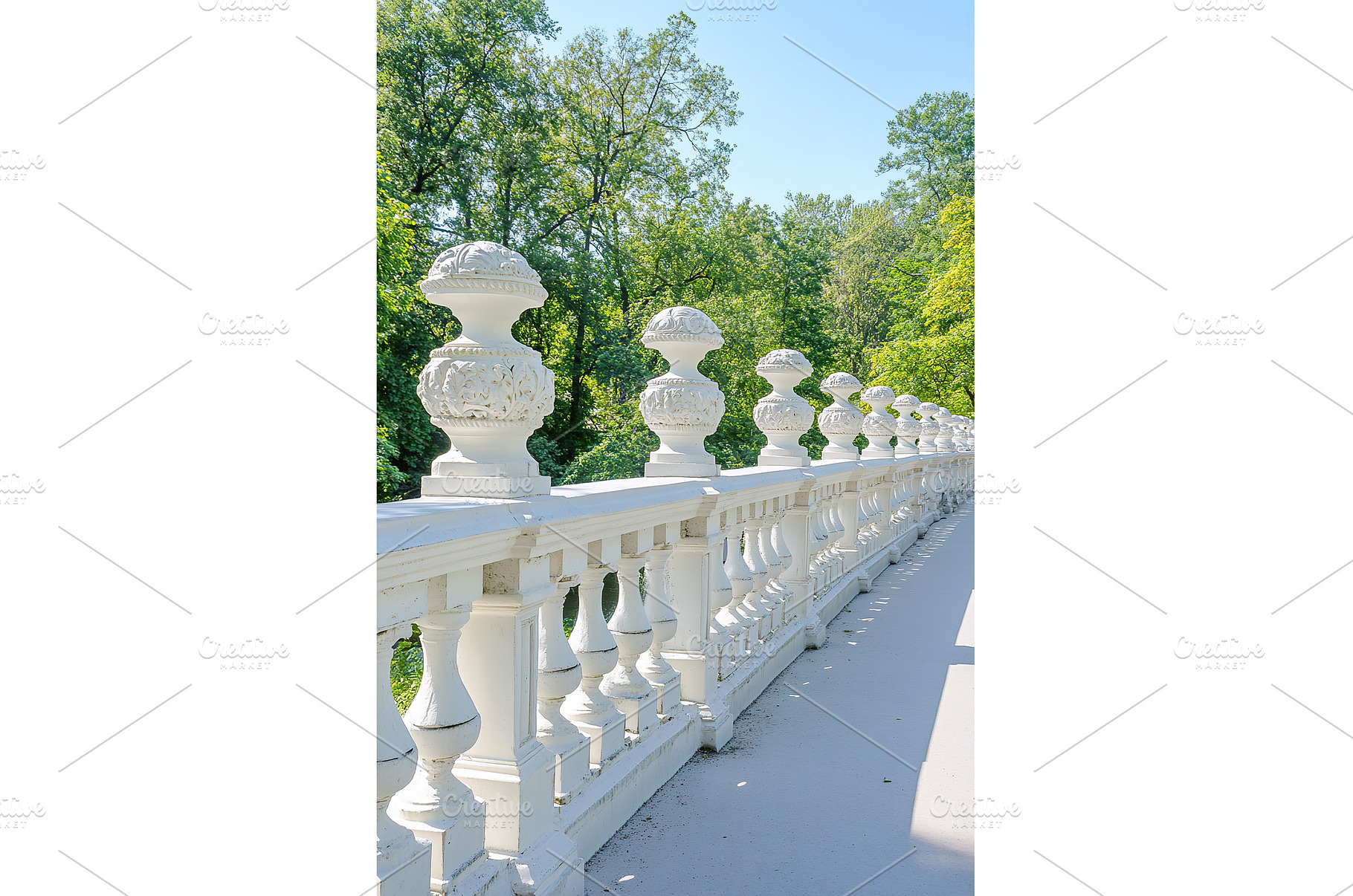 Ornate white balustrade in lush, an Architecture Photo by Lermont51
