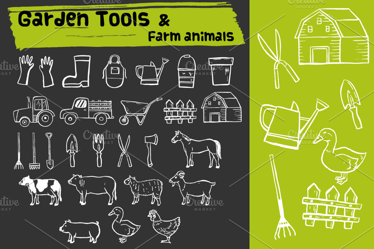 Garden tools & farm animals doodle, an Icon by faitotoro