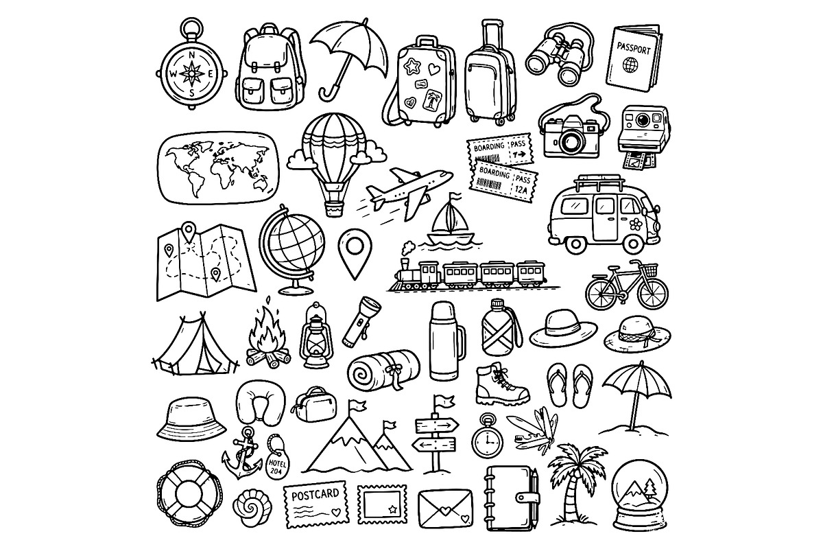 Set of travel outline doodle signs, a Transportation Illustration by Voodz_shop (Photo 1 of 3)