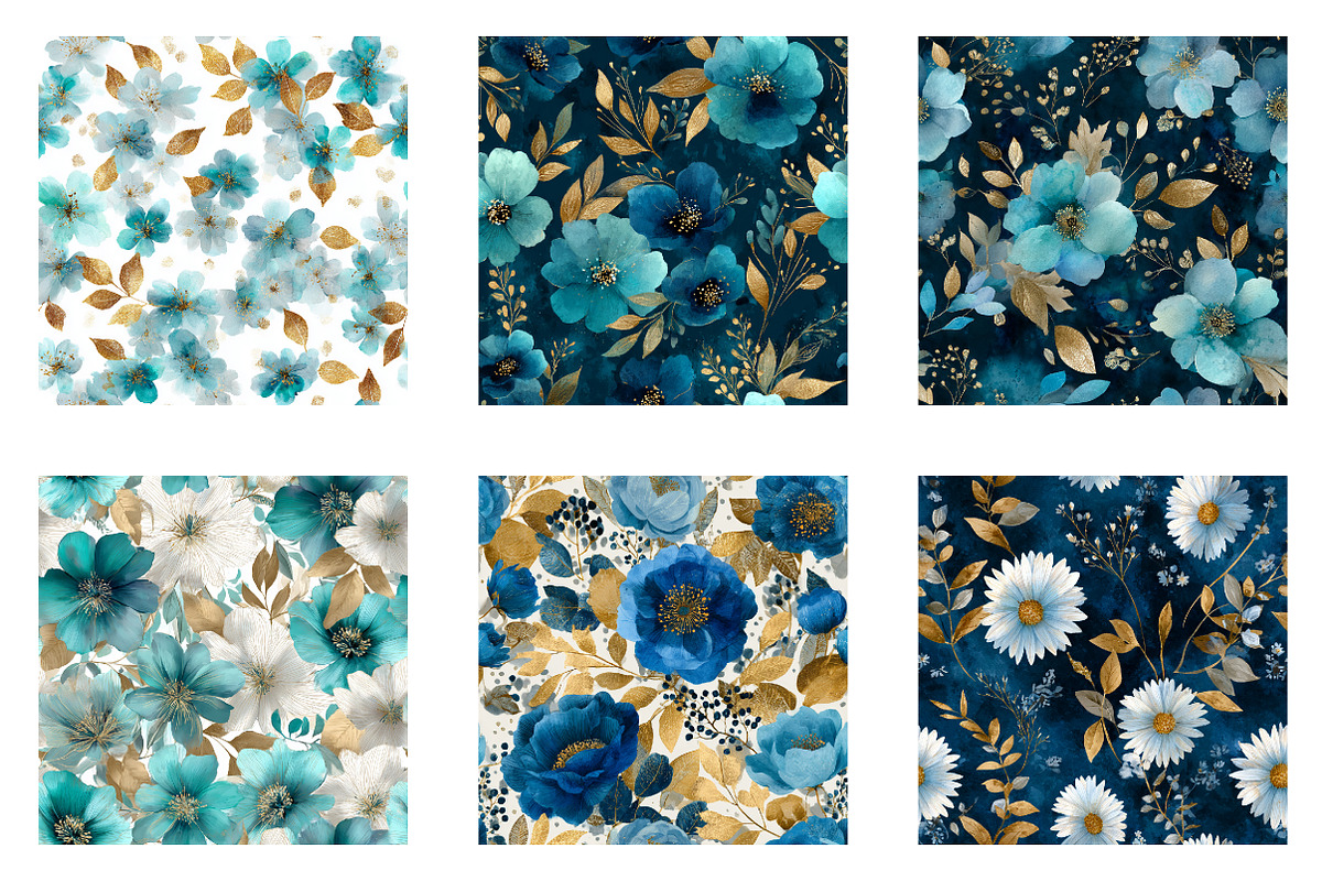 Blue and Gold Floral Pattern, a Pattern Graphic by CreationArt (Photo 2 of 5)
