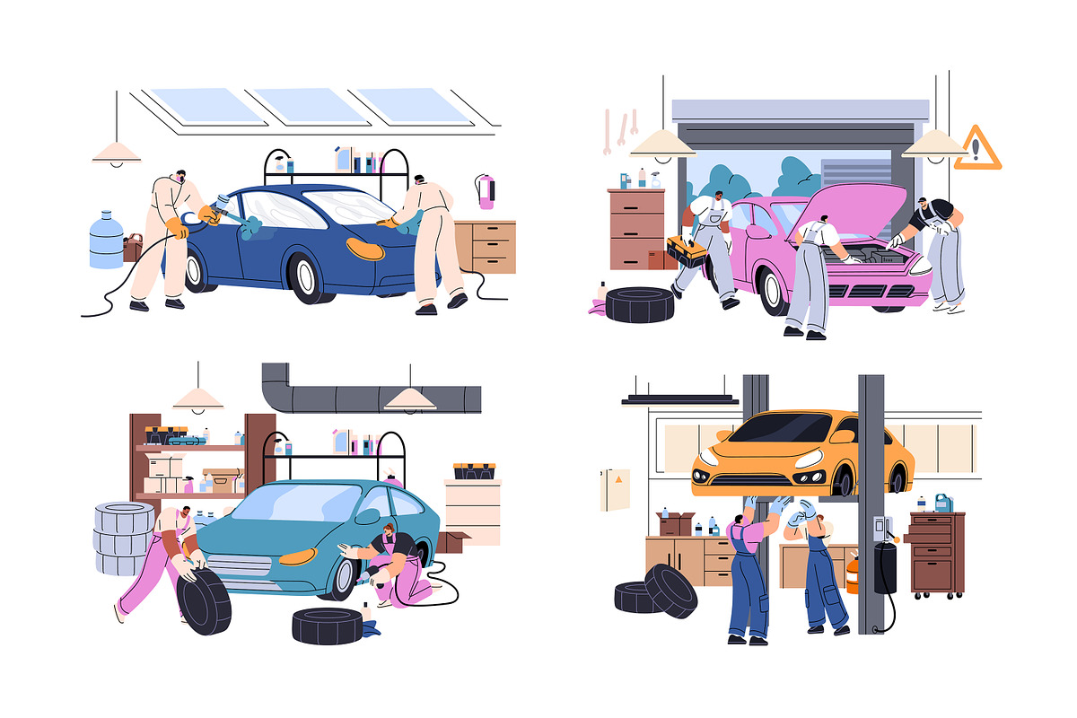 Repairmen repair cars, auto service, a Transportation Illustration by PaperTrident (Photo 1 of 9)