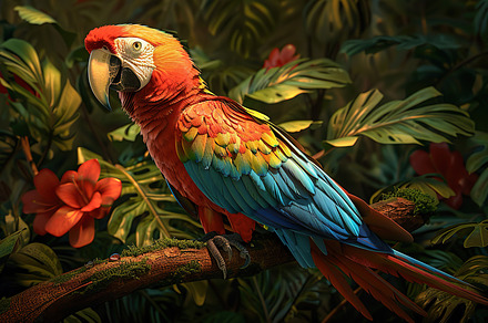 A colorful macaw on a branch amid be, a Photo by LOGOCREATIVE