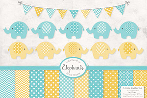 Aqua & Yellow Elephants & Patterns, an Illustration by Amanda Ilkov