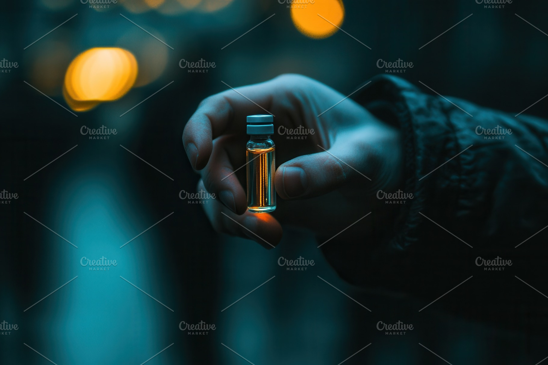 A hand holding a tiny vial of liquid, a Photo by Pavel_design