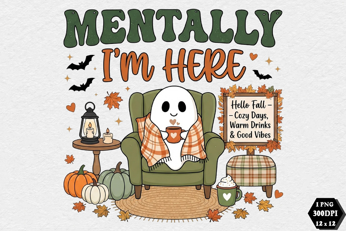Mentally Cozy Ghost Halloween PNG, a Seasonal Illustration by DreamCafeArt (Photo 1 of 7)