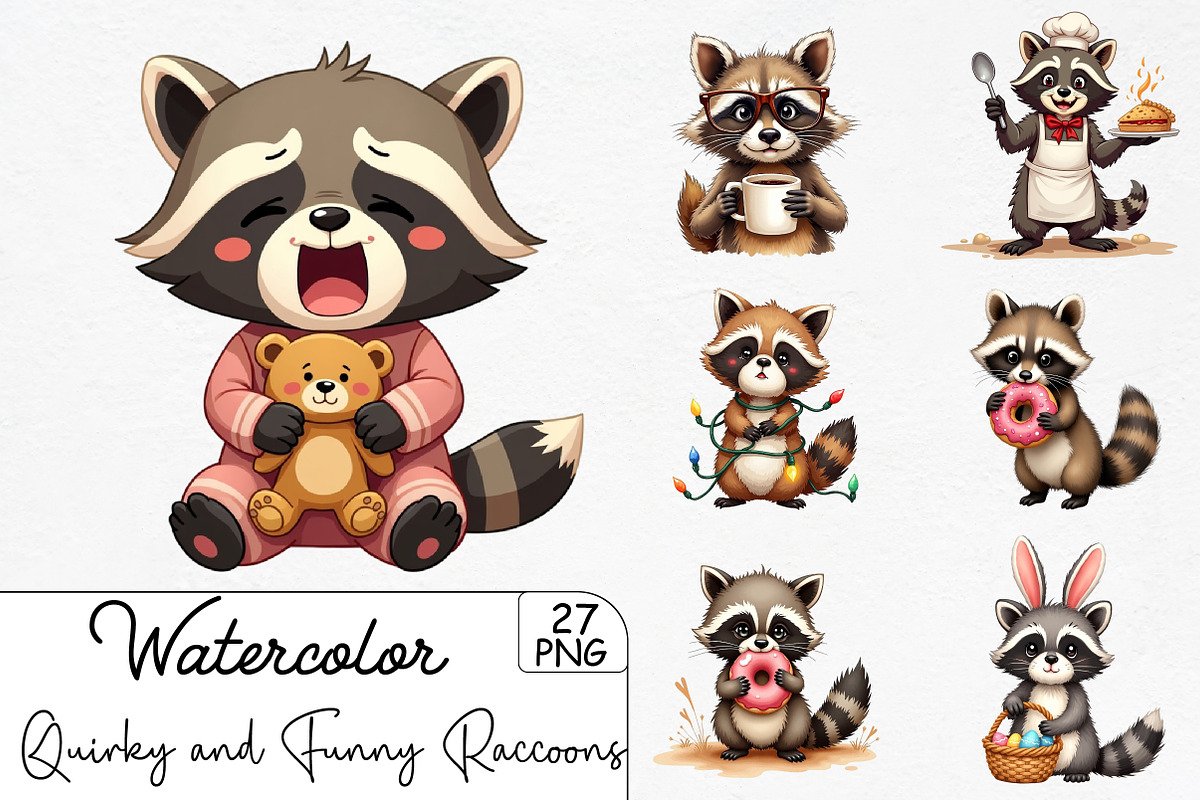 Quirky and Funny Raccoons Clipart, an Illustration by CrexoraLab (Photo 1 of 5)