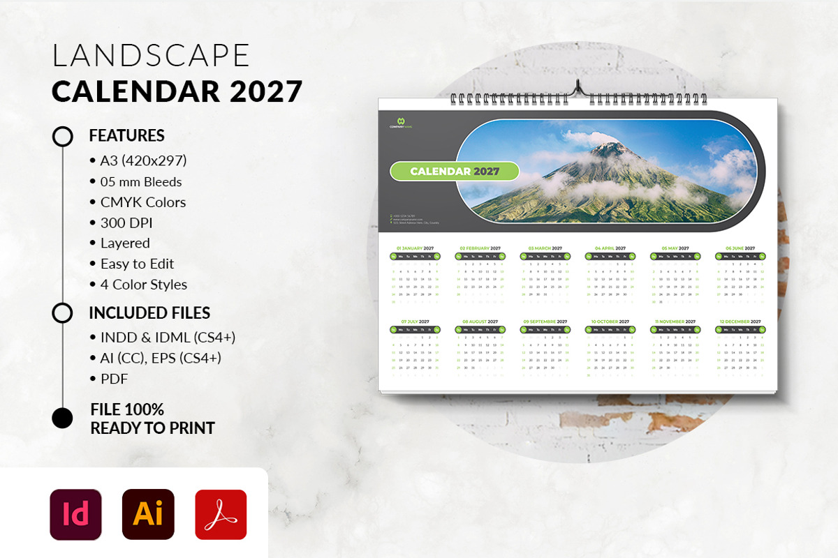 Landscape Calendar 2027 Template, a Stationery Template by MstArtwork (Photo 2 of 5)