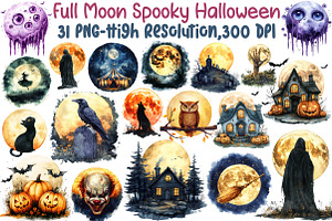Full Moon Spooky Halloween Clipart S, an Illustration by Sublimation Artist