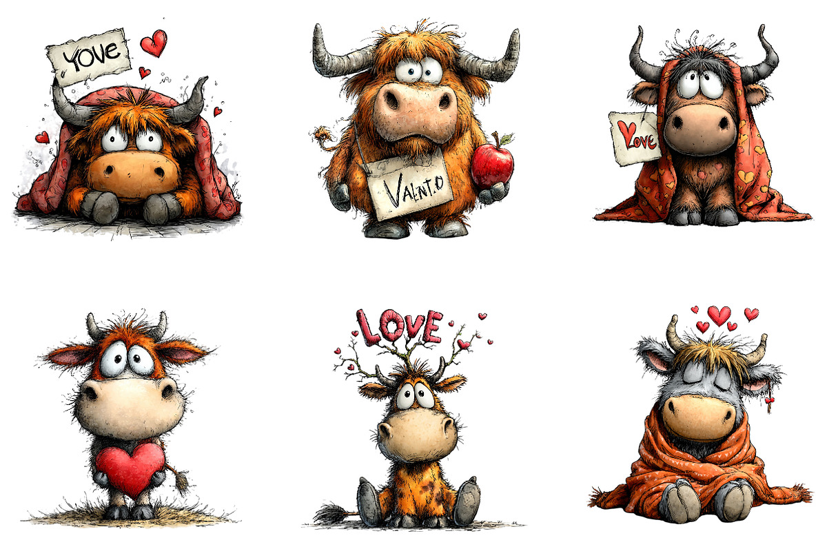 Quirky Valentine Highland Cow Clipar, an Illustration by CreationArt (Photo 4 of 5)