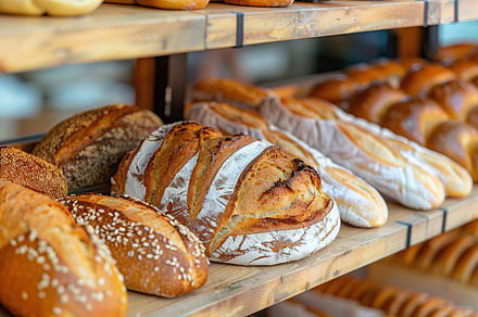 Different kinds of baked bread on shelves in bakery shop, a Food & Drink Photo by AlyaAnd