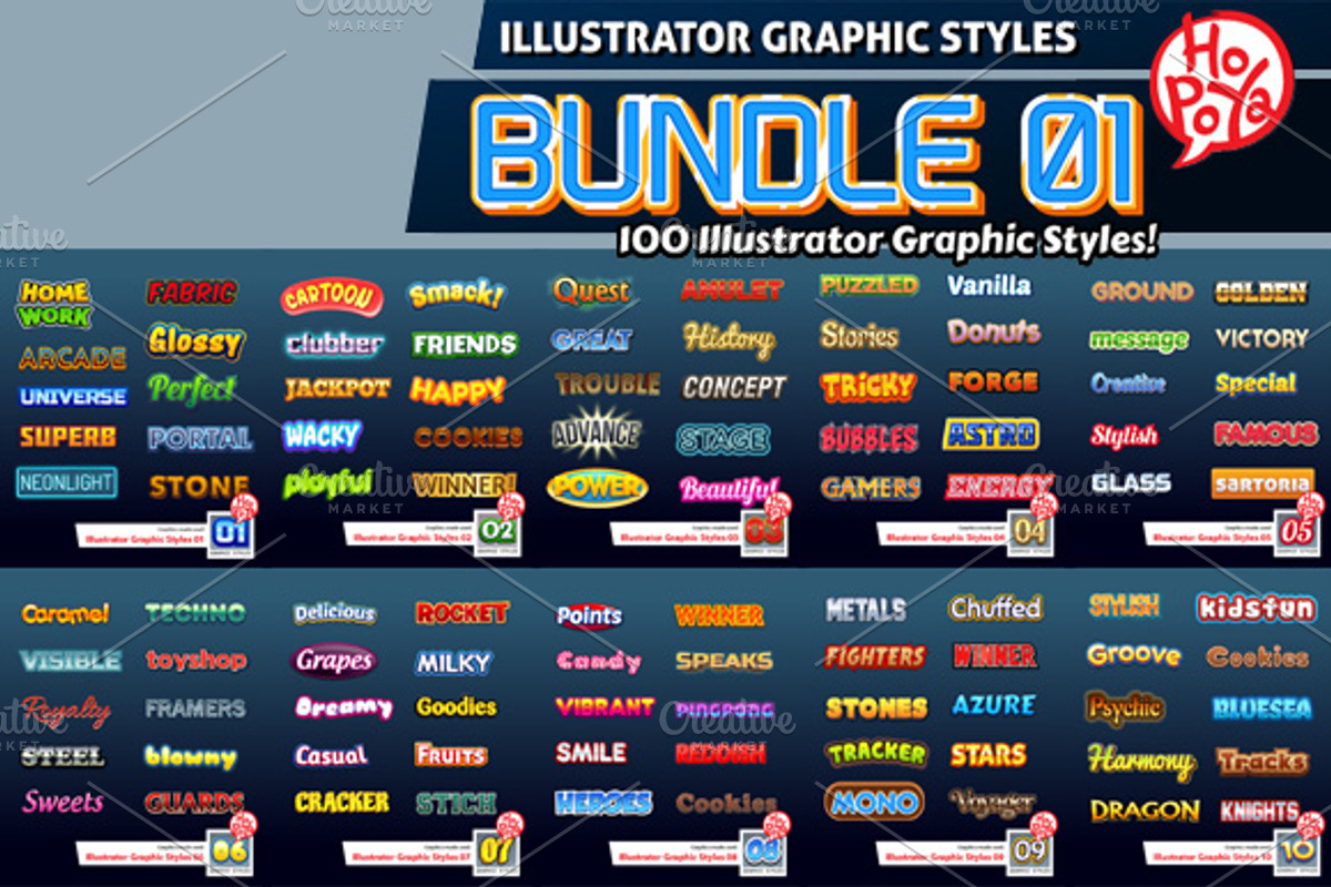 Illustrator Graphic Styles Bundle 01, a Layer Style Add-On by mikailain