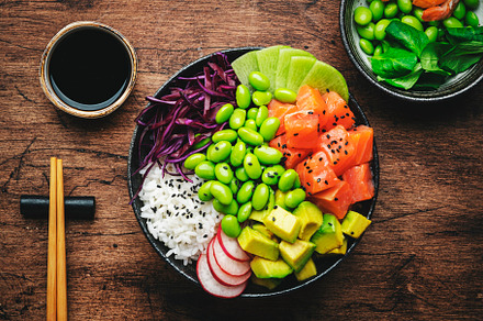 Hawaiian poke bowl with salmon, avocado, radish, edamame beans,, a Food & Drink Photo by 5PH