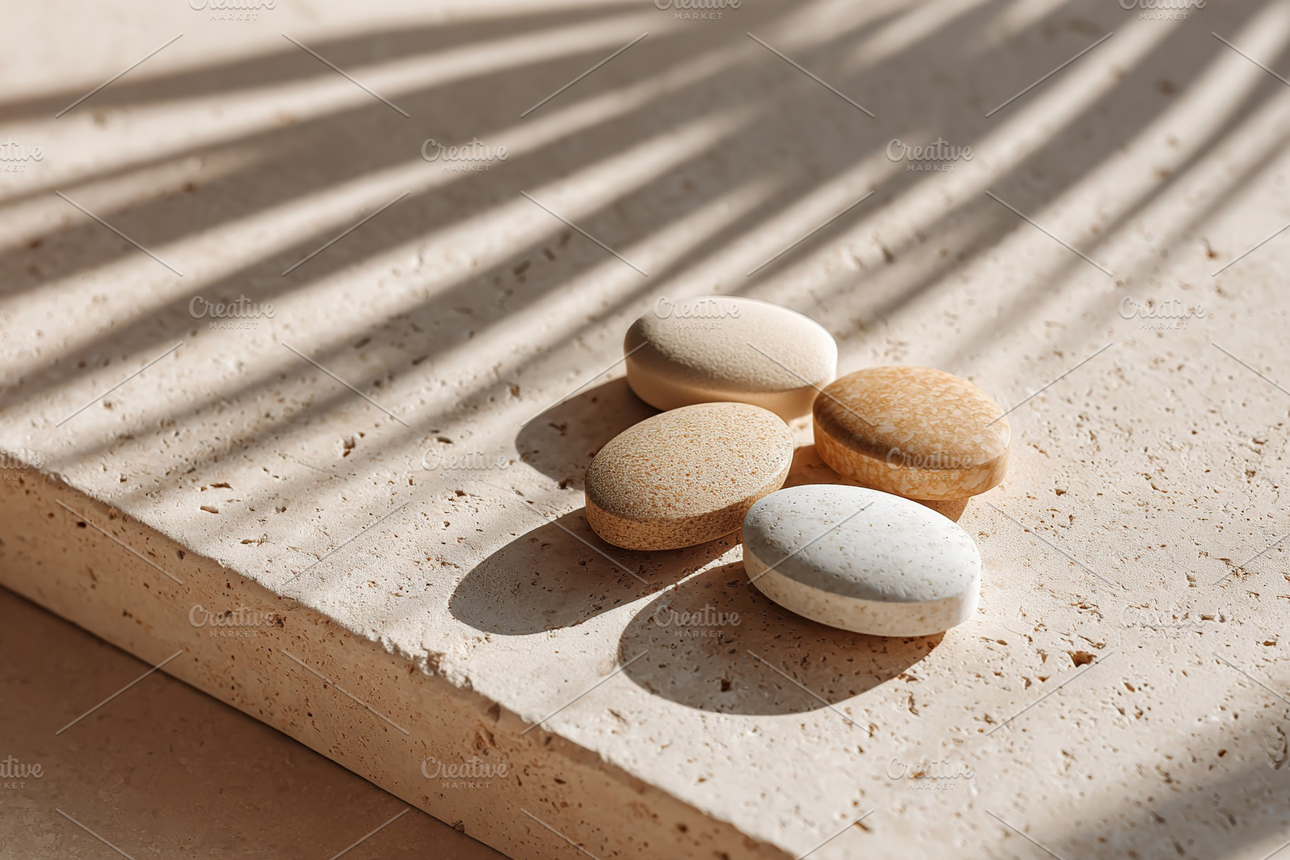 Natural stones arranged on a textured surface with dramatic shadows created by, a Health & Medical Photo by AlyaAnd
