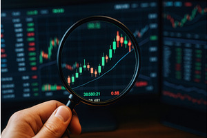 A hand holding a magnifying glass, a Finance Illustration by Sergey Kotenev