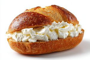 Creamy cheese on a golden brown brea, a Photo by Pixeness Studio