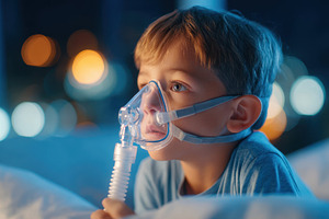 Young boy with breathing mask at night, a Health & Medical Photo by AlyaAnd