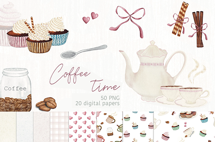 Coffee time - Clipart, digital paper
