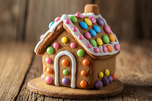 Christmas gingerbread house cookie on wooden background, a Food & Drink Photo by AlyaAnd