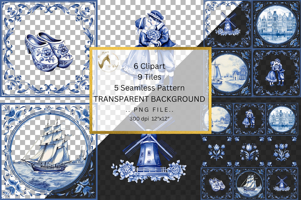 Traditional Dutch Blue Tiles Bundle, an Illustration by NiiiNArt
