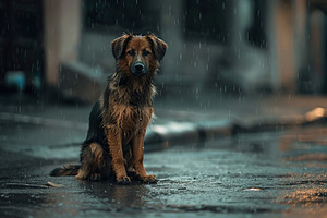 Wet homeless dog on a street in the rain, an Animal Photo by AlyaAnd