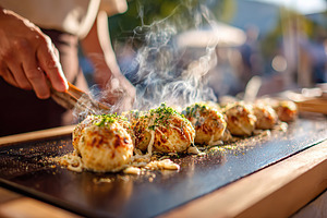 Japanese takoyaki being expertly flipped at an outdoor food market in the after, a Food & Drink Photo by AlyaAnd