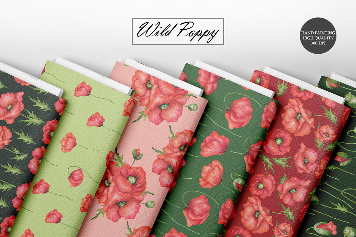 Watercolor Poppy Seamless Patterns, an Illustration by OlDm_Shop (Photo 3 of 10)