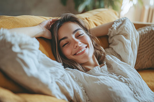 Smiling woman lies comfortably, a Photo by Pavel_design