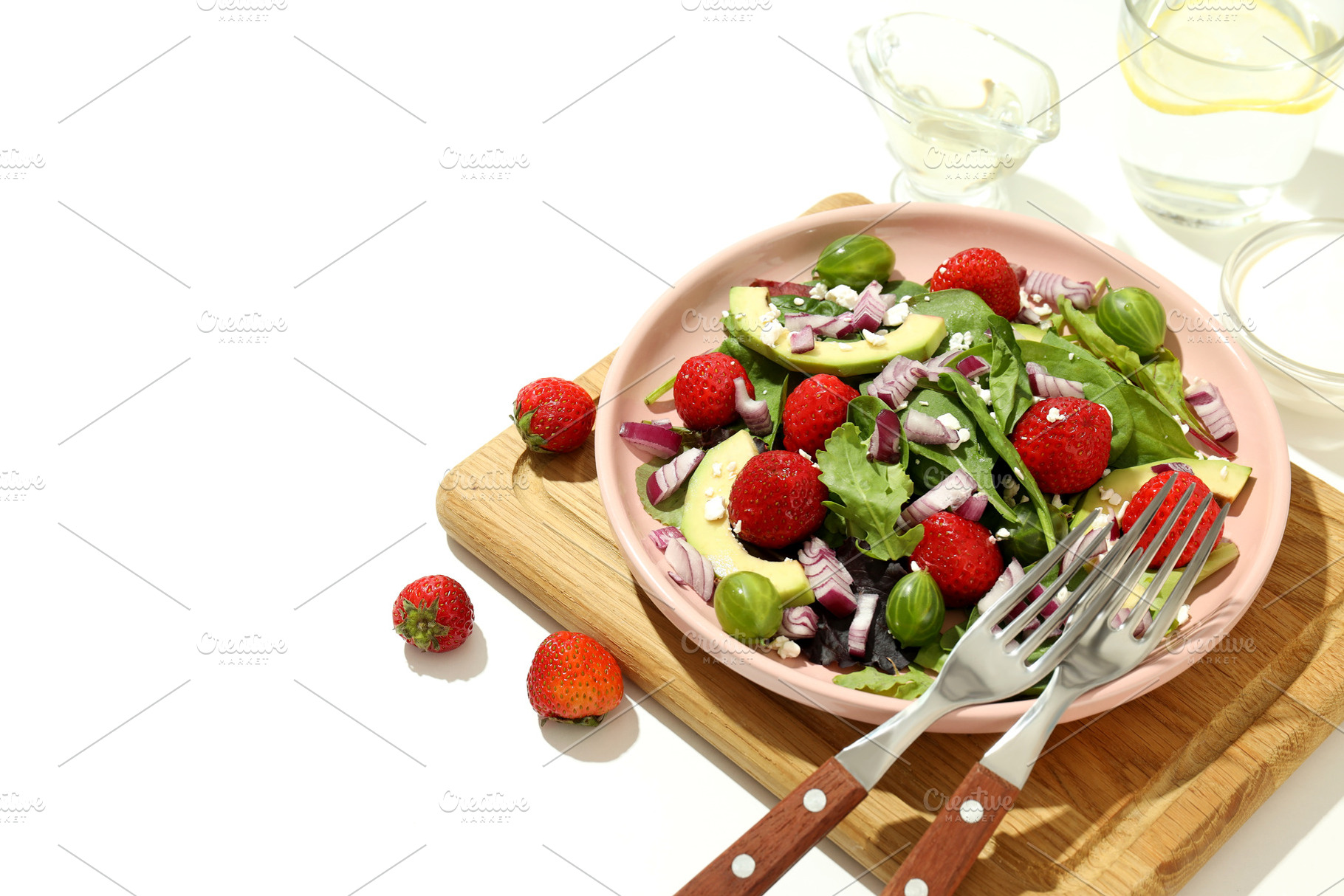 Concept of tasty salad, salad with strawberry, space for text, a Food & Drink Photo by AtlasStudio PRO