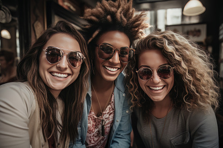 Smiling friends wearing sunglasses e, a Person Photo by Perpis