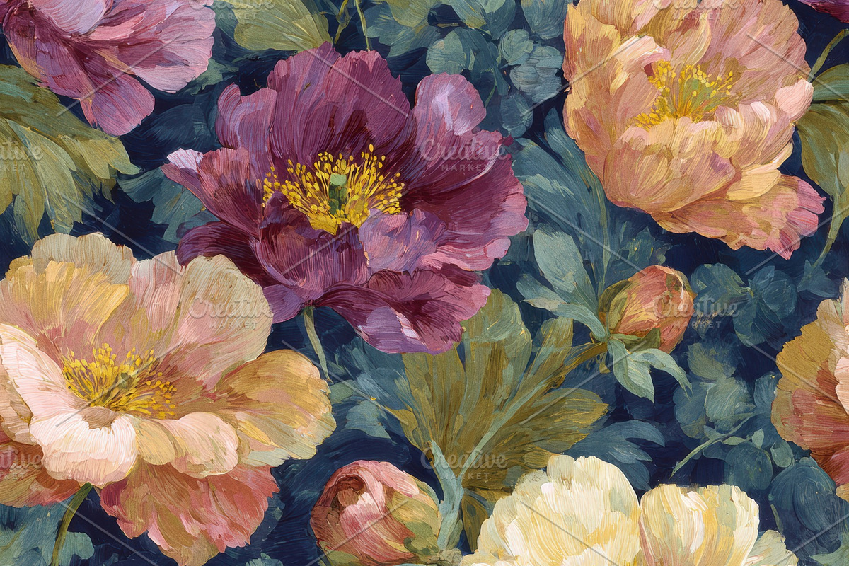 Oil Painted Peony Seamless Pattern, a Pattern Graphic by Virgo Studio