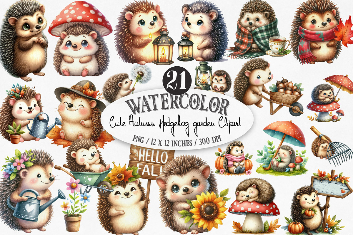Cute Autumn Hedgehog Garden Clipart, an Illustration by Designking (Photo 1 of 4)