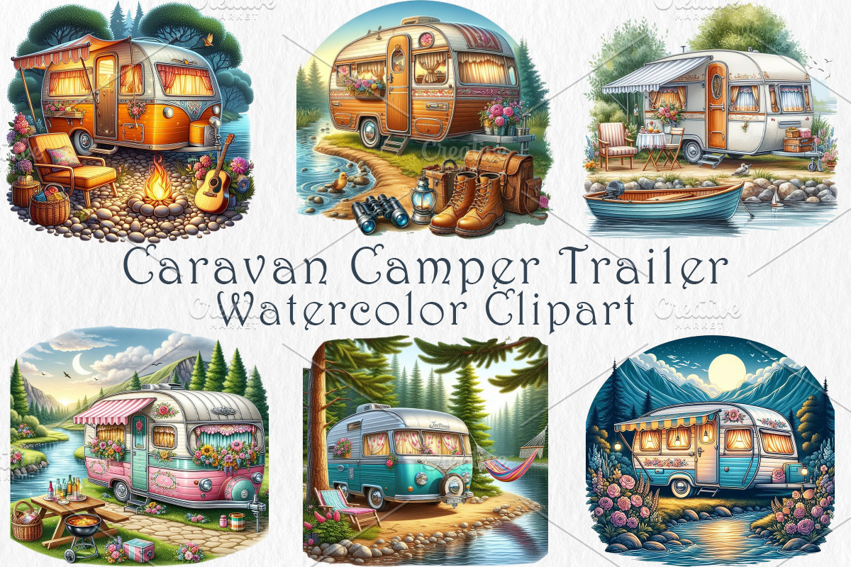 Watercolor Camper Trailer Clipart., a Transportation Illustration by GalaDesign03 (Photo 1 of 5)
