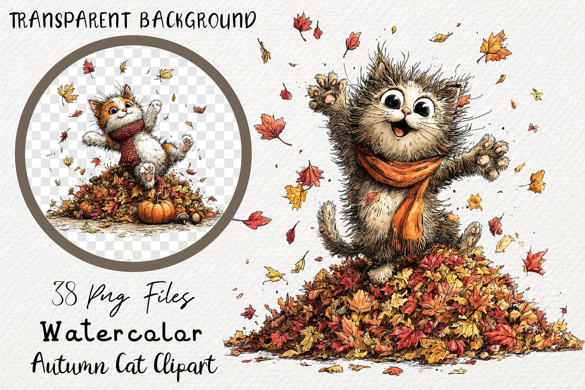 Watercolor Autumn Cat Clipart, a Transportation Illustration by Digital Artistic99 (Photo 1 of 7)