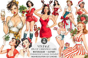 Vintage Pin Up Christmas Girl Clipar, an Illustration by DreamArtGraphic