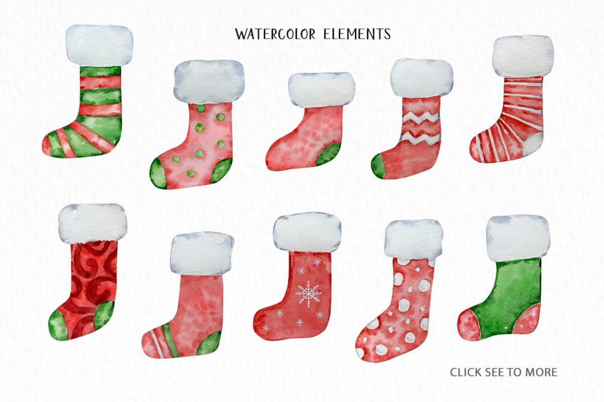 Watercolor Christmas Stocking Set, a Seasonal Illustration by SvetaArtStore (Photo 7 of 10)