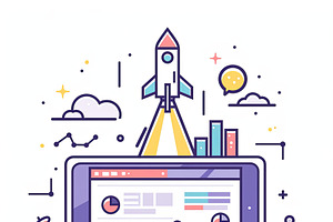 Digital illustration of analytics with rocket launch representing innovation an, an Illustration by AS photostudio