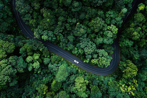 White car driving winding road lush, a Photo by Pixeness Studio