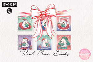 Cute Ghost Reading Christmas Stamps, an Illustration by CreationArt