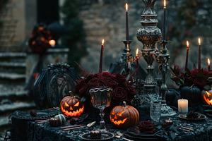 Rustic Halloween table setting with elegant black details, perfe, a Holiday Photo by Mashimara