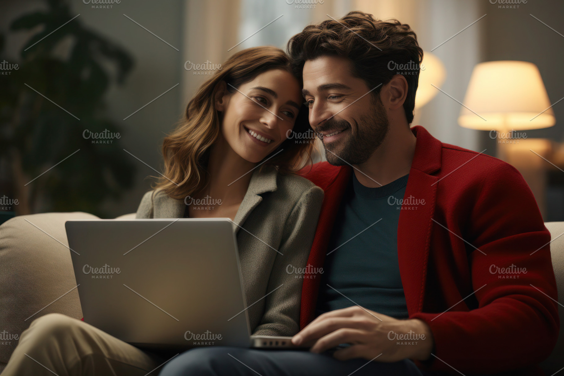 Young couple in love using a laptop while sitting on sofa, a Person Photo by Antonina Vlasova