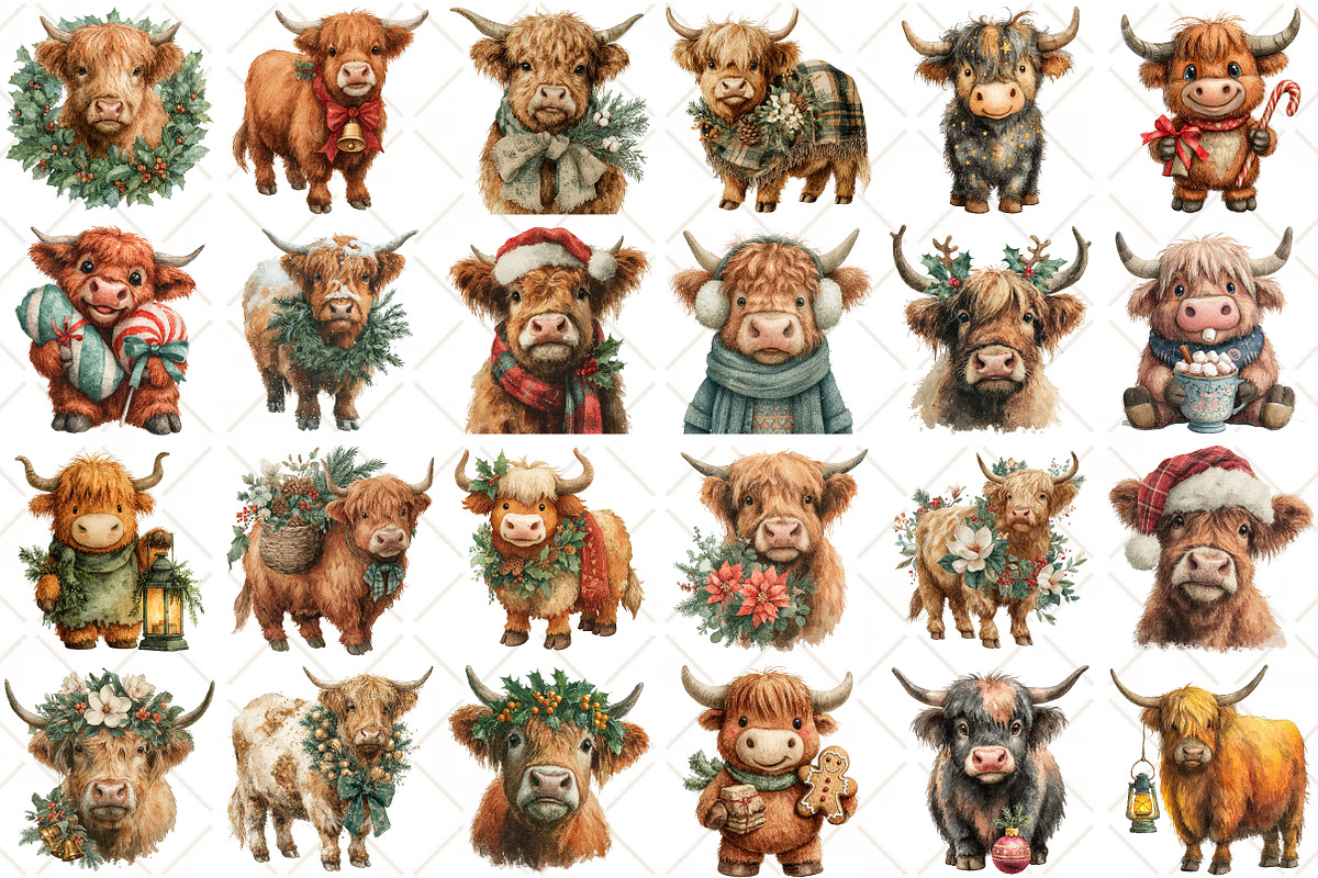 Watercolor Christmas Highland Cow, a Seasonal Illustration by Black Bird Studio (Photo 2 of 7)