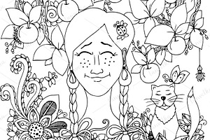 Doodle Girl And Apples.